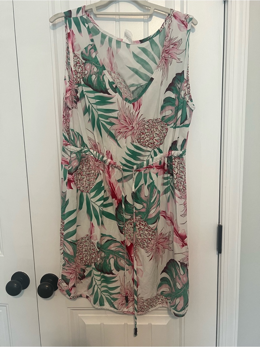 Sleeveless Tropical Midi Dress with Pineapple Print in Cream, Green & Pink